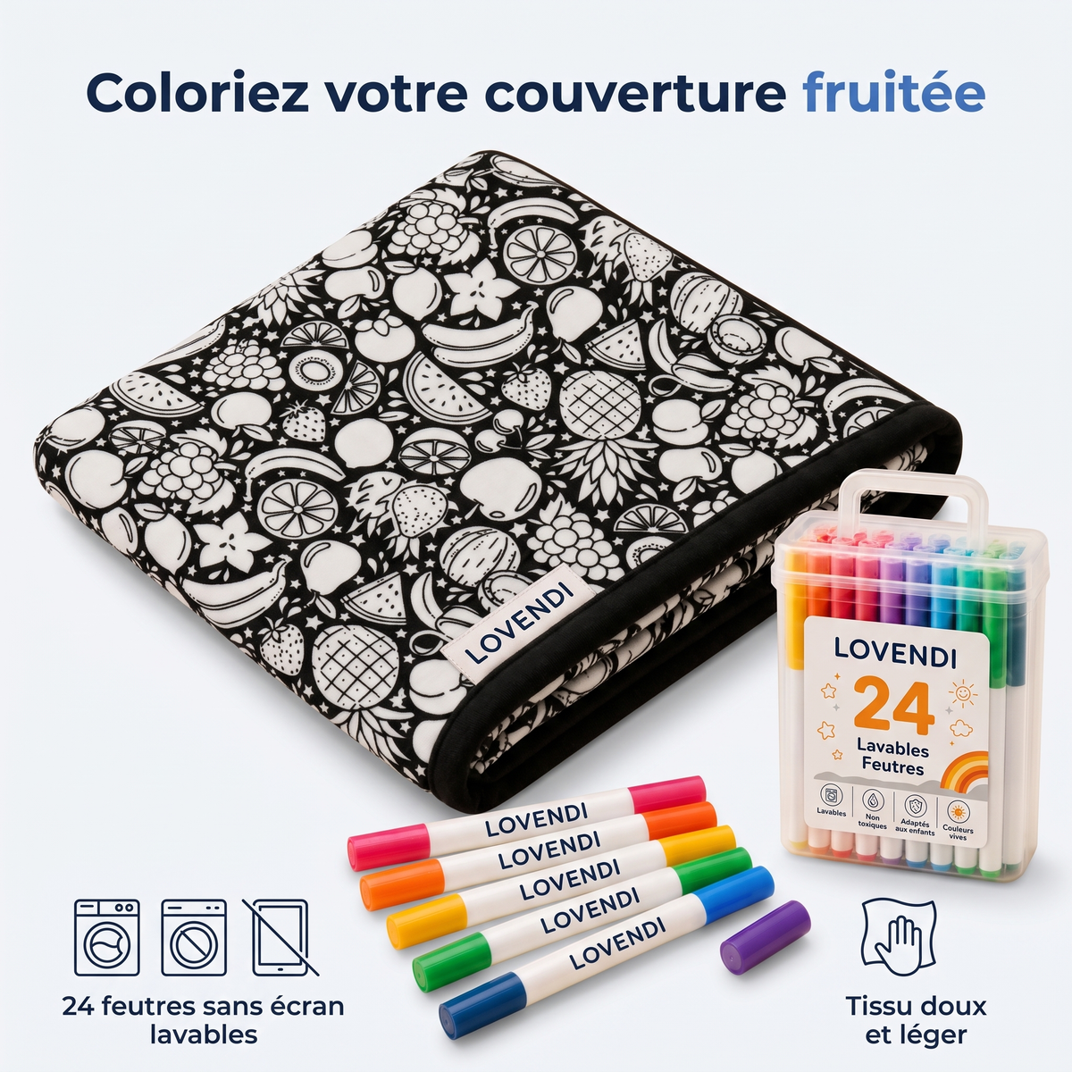 Lovendi DoodleBlankie™ Fruits, couverture à colorier avec 24 feutres — Lovendi 1