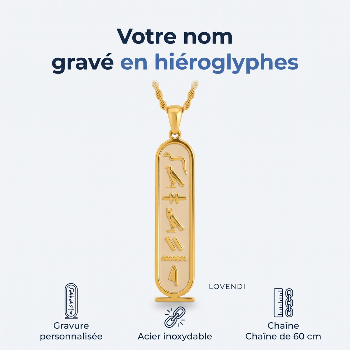 Collier cartouche à hiéroglyphes personnalisé