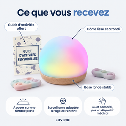 Contenu : veilleuse, base ronde et guide d’activités