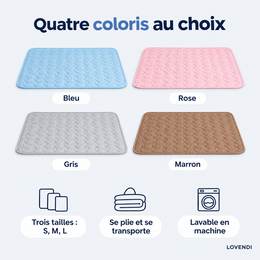 Quatre coloris : bleu, rose, gris et marron