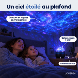 Ciel étoilé projeté au plafond d’une chambre