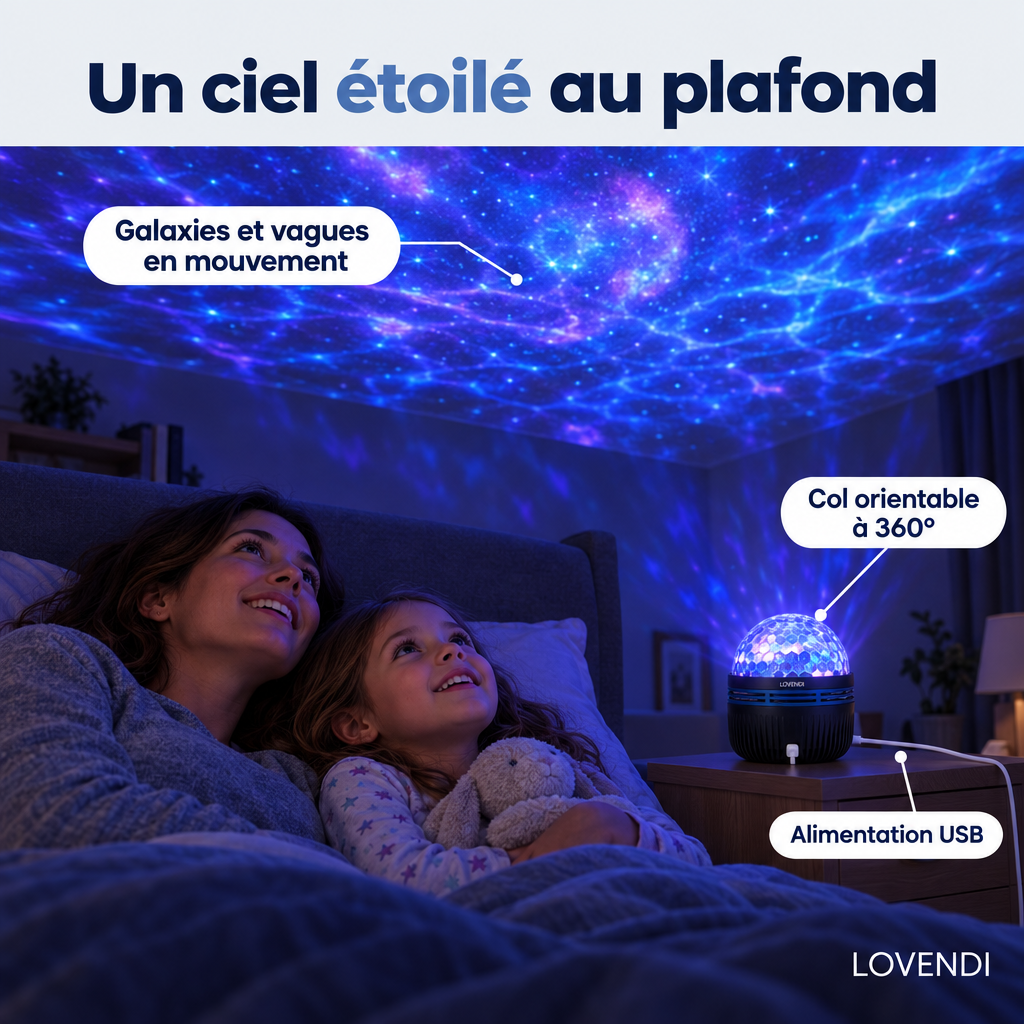 Ciel étoilé projeté au plafond d’une chambre