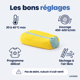 Réglages conseillés : 30 à 40 °C, essorage 400 à 600 tr/min