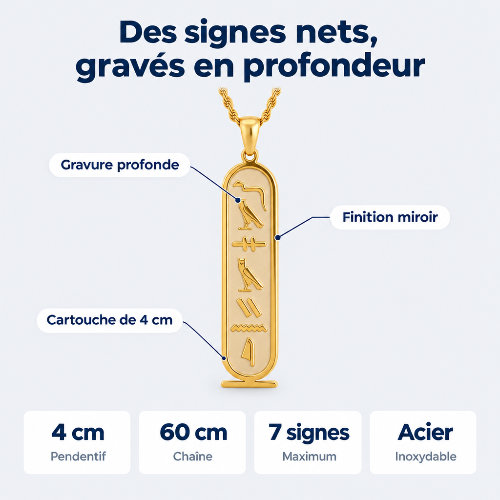 Collier cartouche personnalisé en hiéroglyphes – détails et caractéristiques