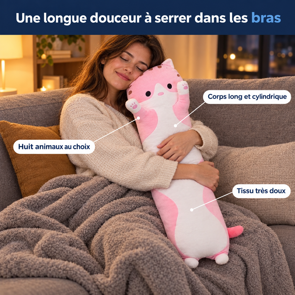 Peluche longue à câliner – mise en situation