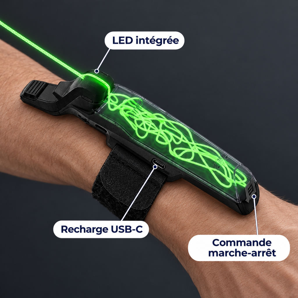 Lanceur de ficelle lumineuse – détail du lanceur au poignet