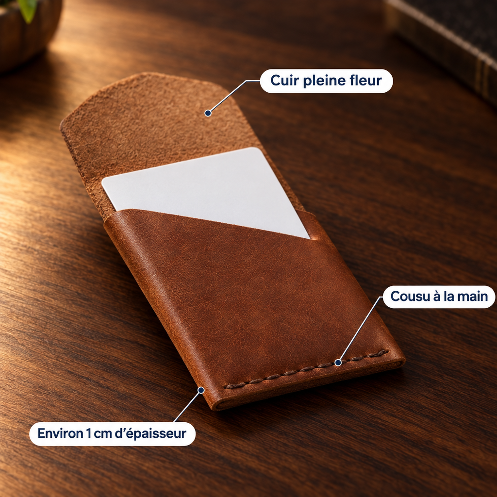 Portefeuille vertical en cuir – détail du cuir et des coutures