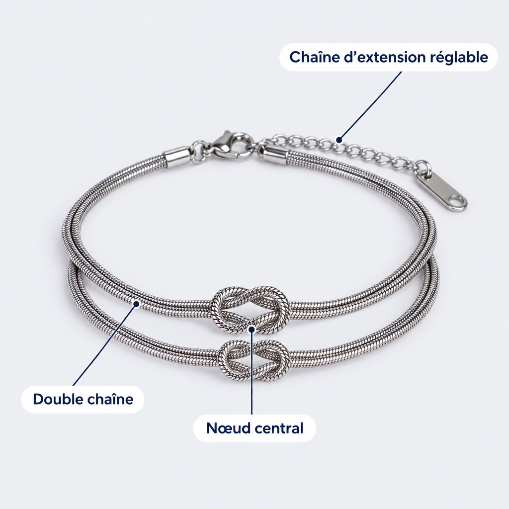 Duo de bracelets nœud – détail du nœud et de la double chaîne