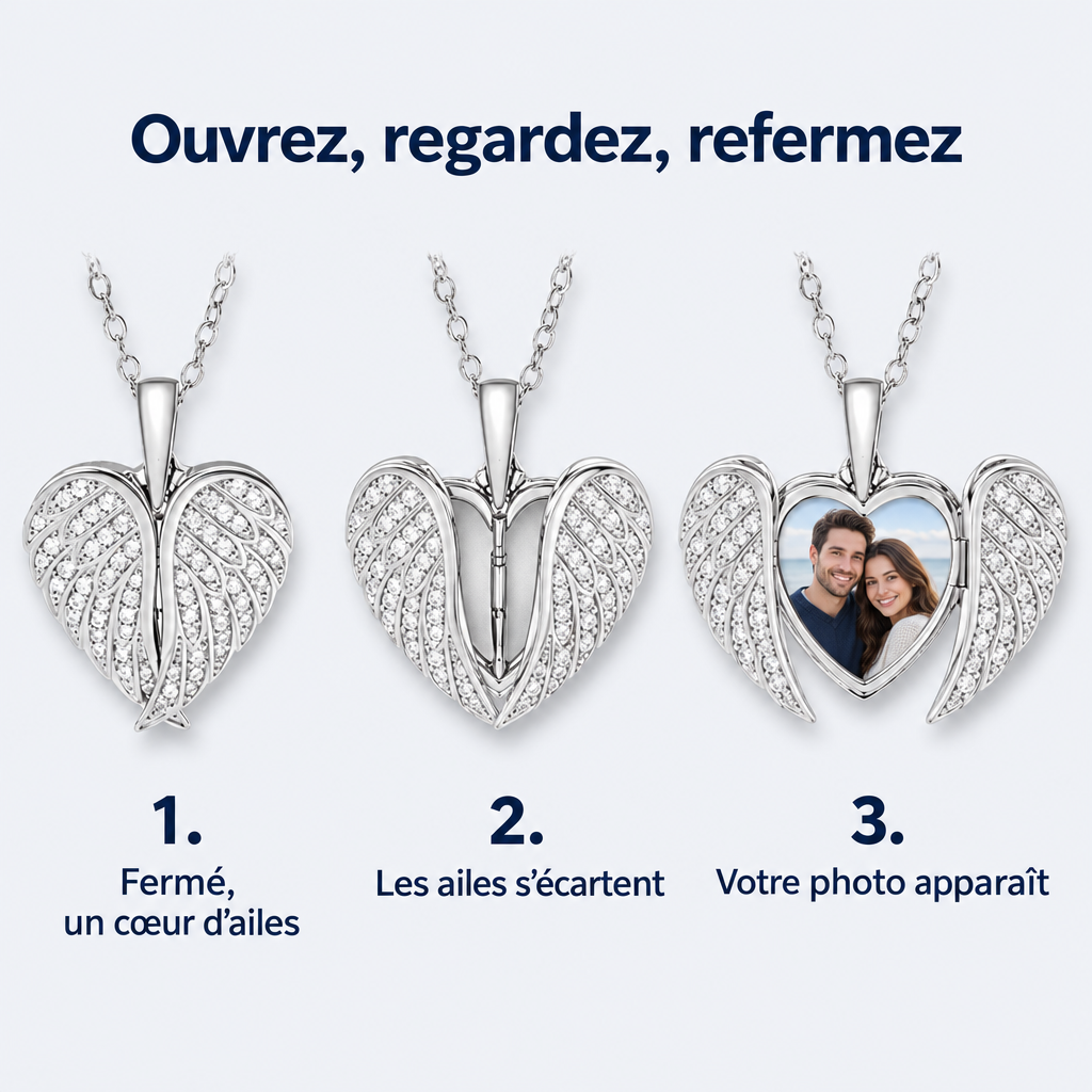Collier médaillon ailes – ouverture des ailes en 3 étapes