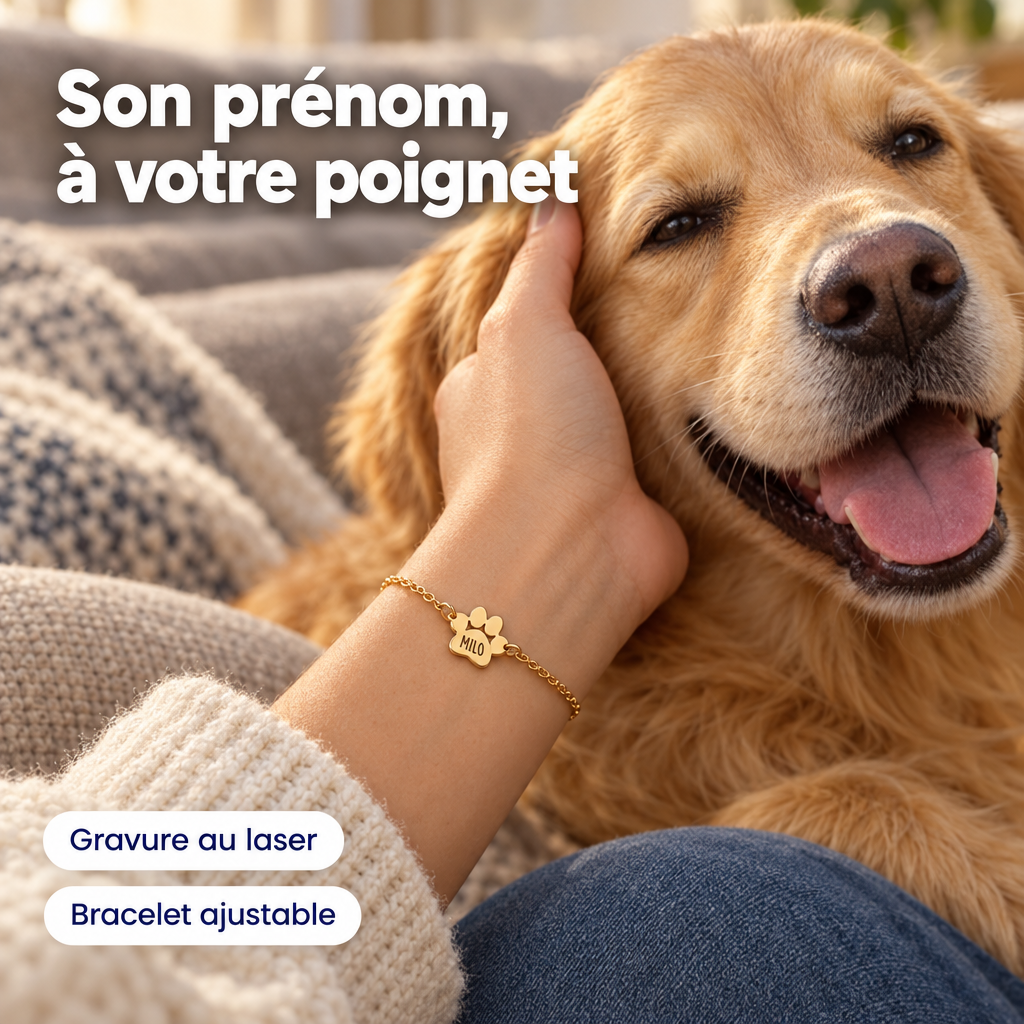 Bracelet patte gravé – au poignet, avec son chien