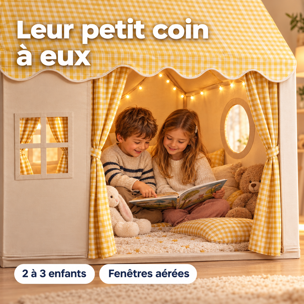 Tente cabane pour enfants – lecture à l’intérieur