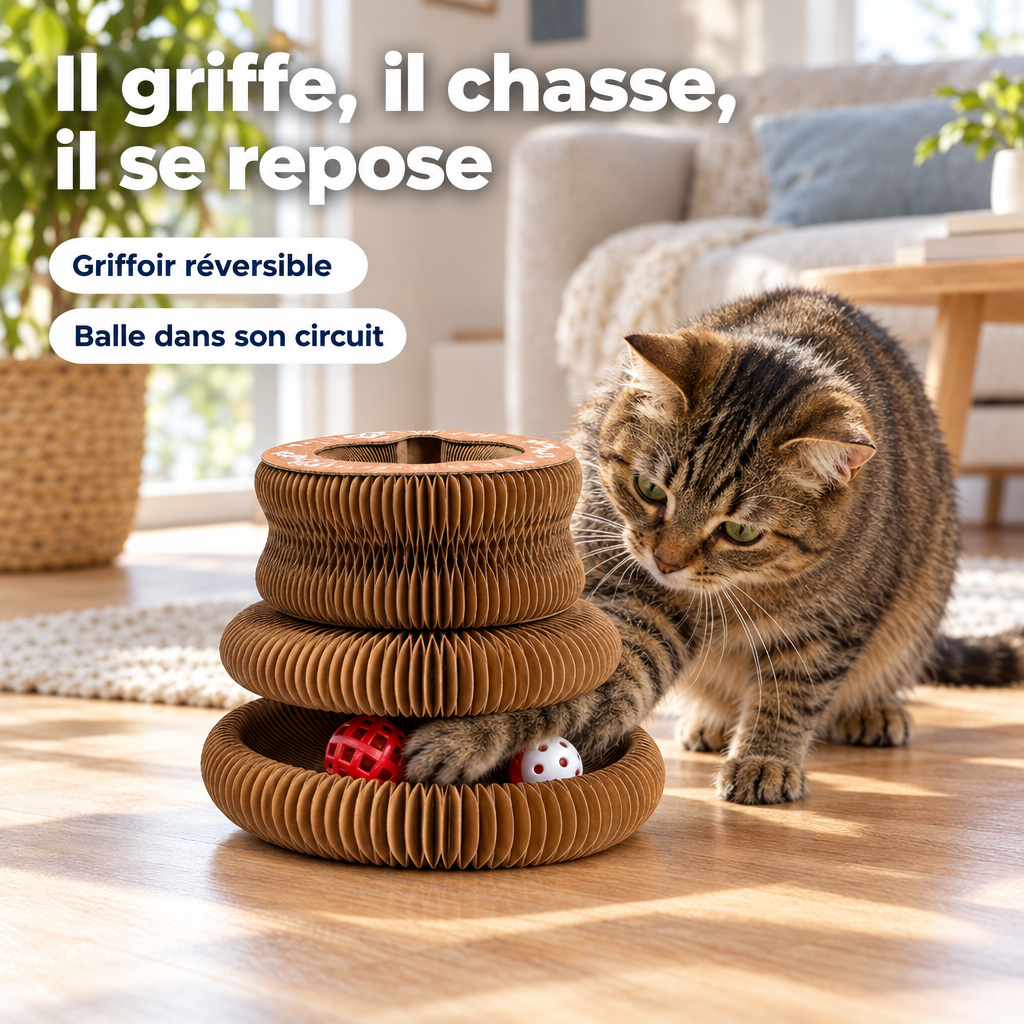 Chat jouant avec la balle du jouet en carton
