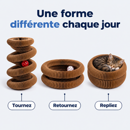 Trois formes du jouet transformable : tour, anneau, nid
