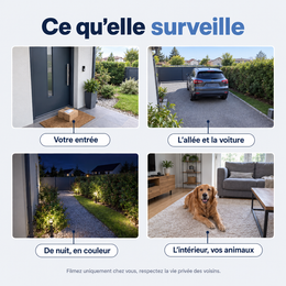 Ce que la caméra surveille : entrée, allée, nuit, intérieur