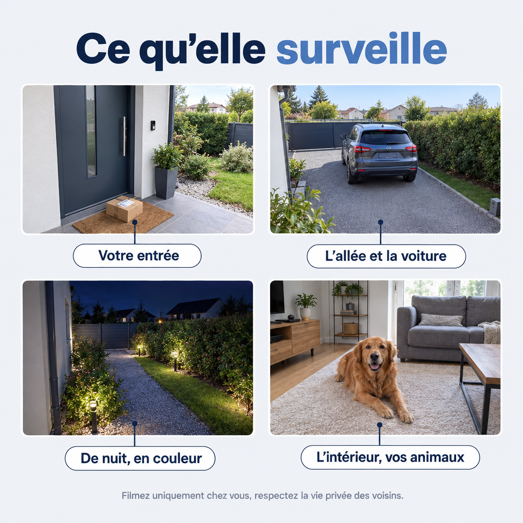 Ce que la caméra surveille : entrée, allée, nuit, intérieur