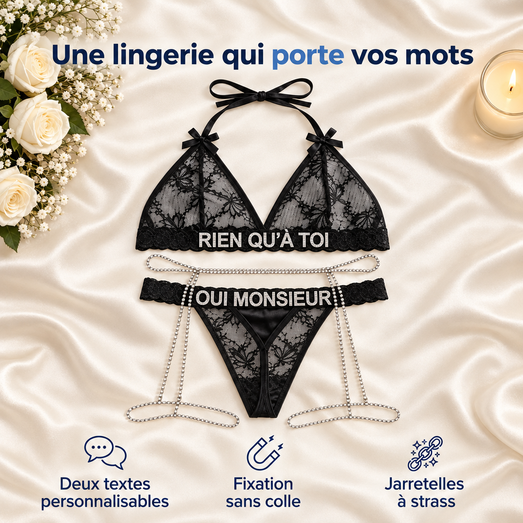 Ensemble lingerie en dentelle avec textes en strass
