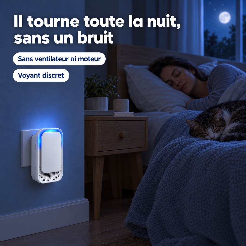 Purificateur allumé la nuit dans une chambre