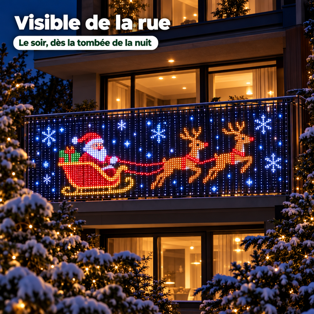 Père Noël et rennes sur le rideau, visible de la rue