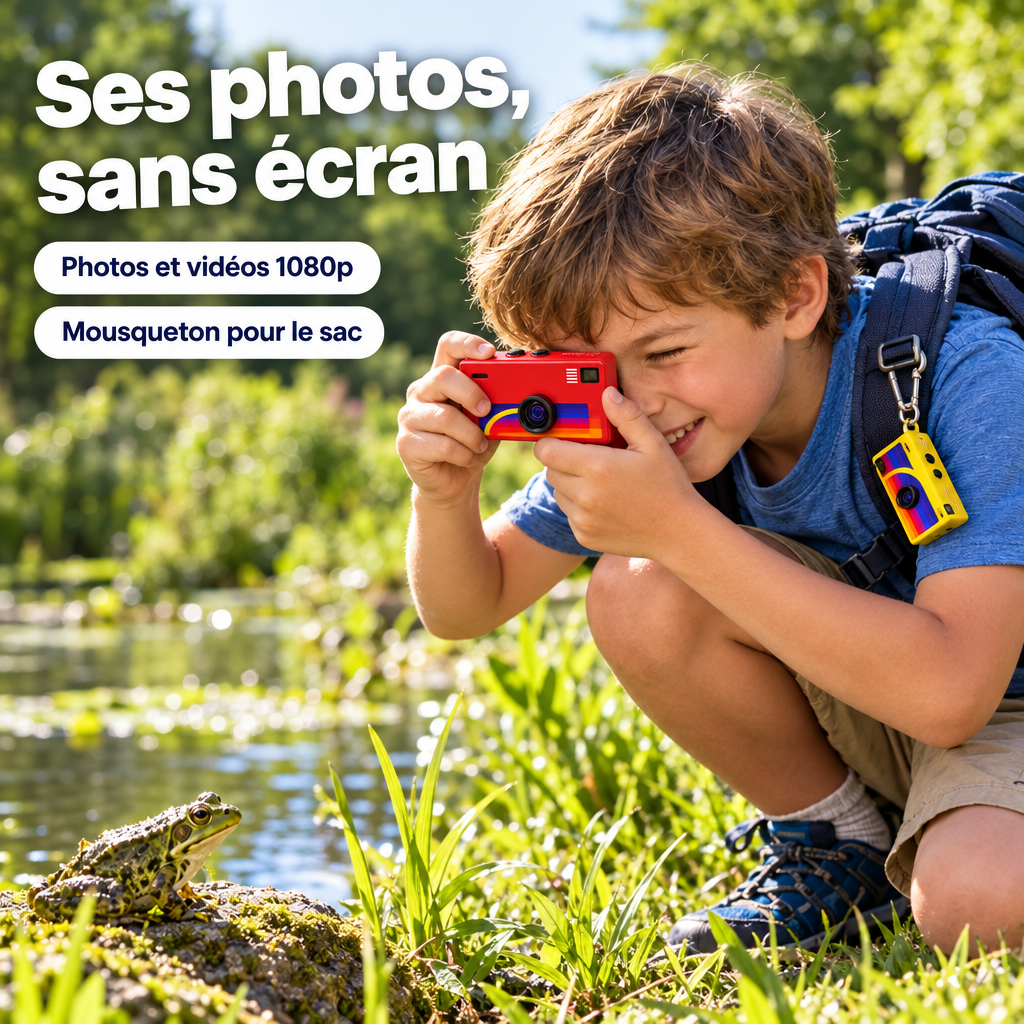 Enfant photographiant une grenouille
