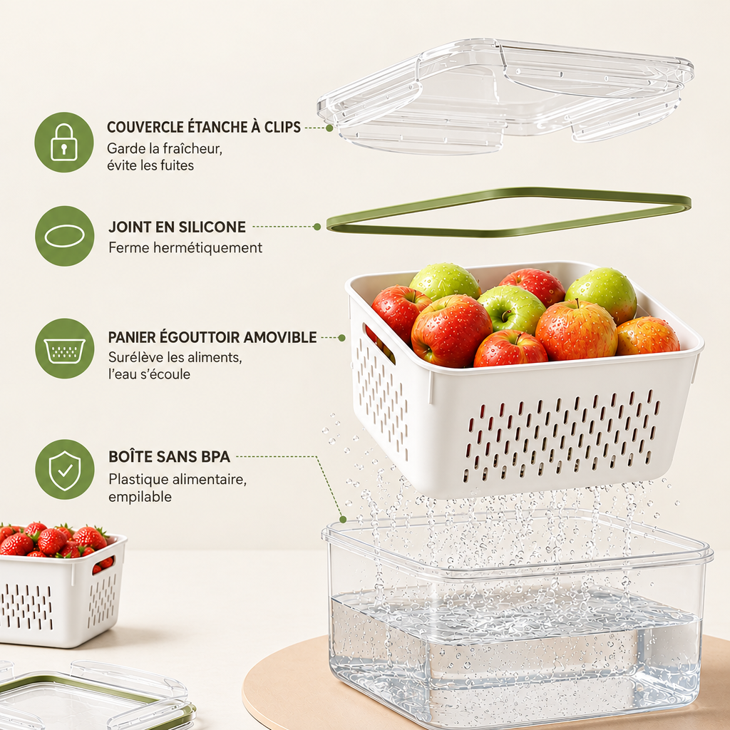 Boîte de conservation avec panier égouttoir et couvercle étanche