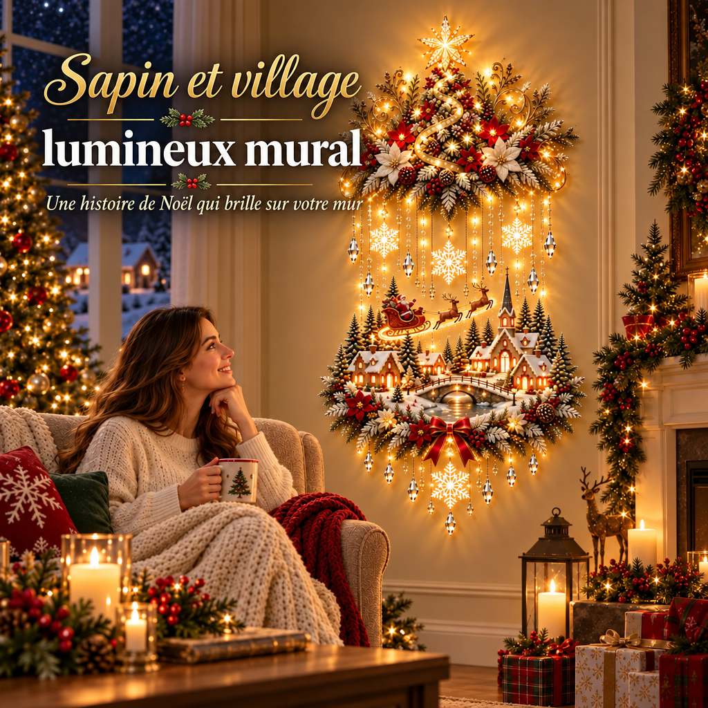 Sapin et village lumineux mural dans un salon de Noël